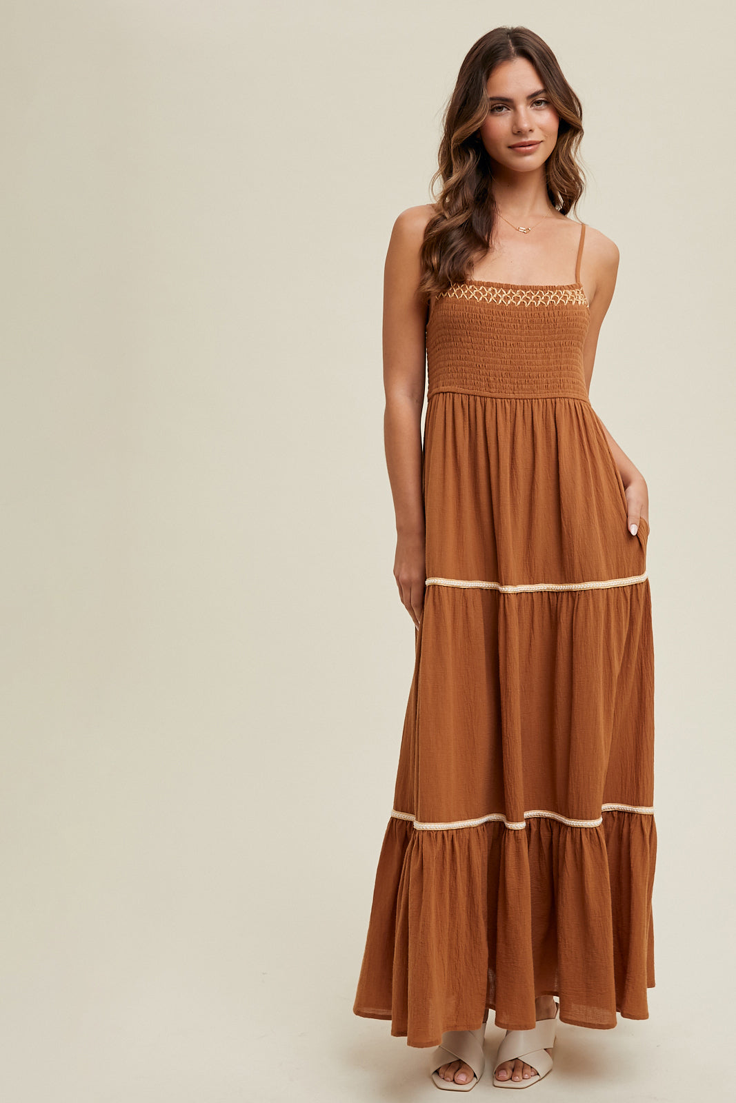 Smocked Maxi Dress in Camel