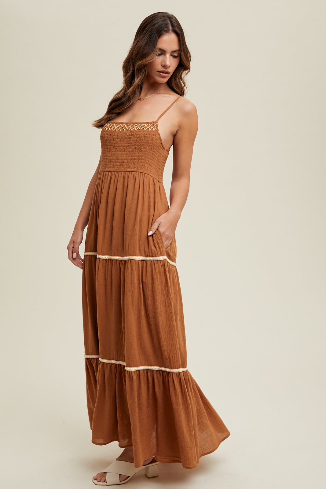 Smocked Maxi Dress in Camel