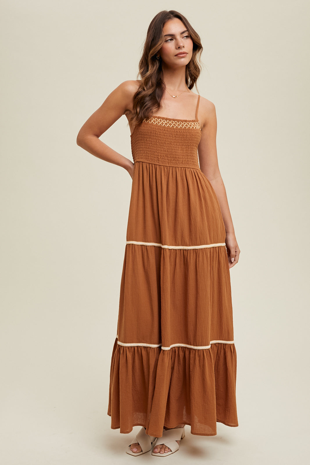 Smocked Maxi Dress in Camel