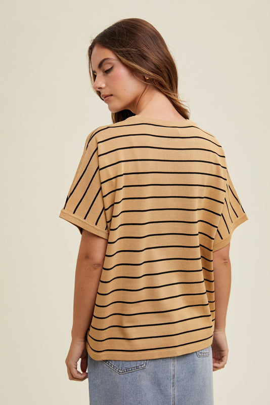 Stripe Boxy Lightweight Sweater Top in Taupe and Black