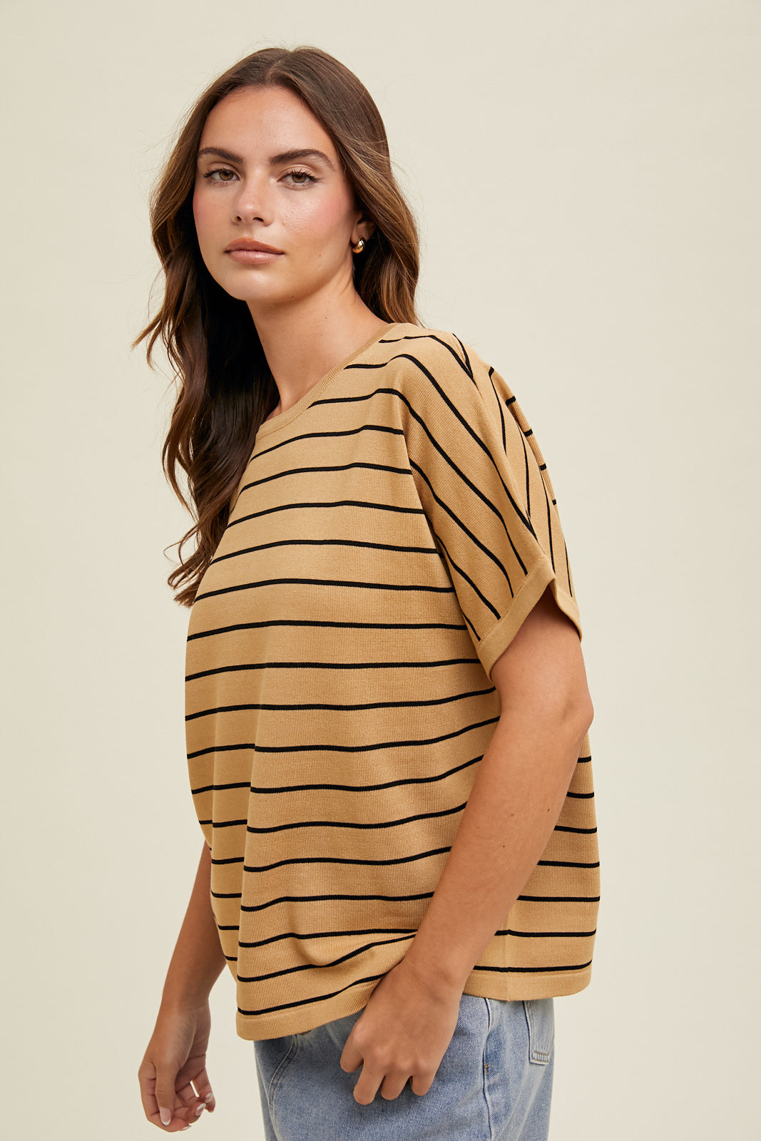 Stripe Boxy Lightweight Sweater Top in Taupe and Black