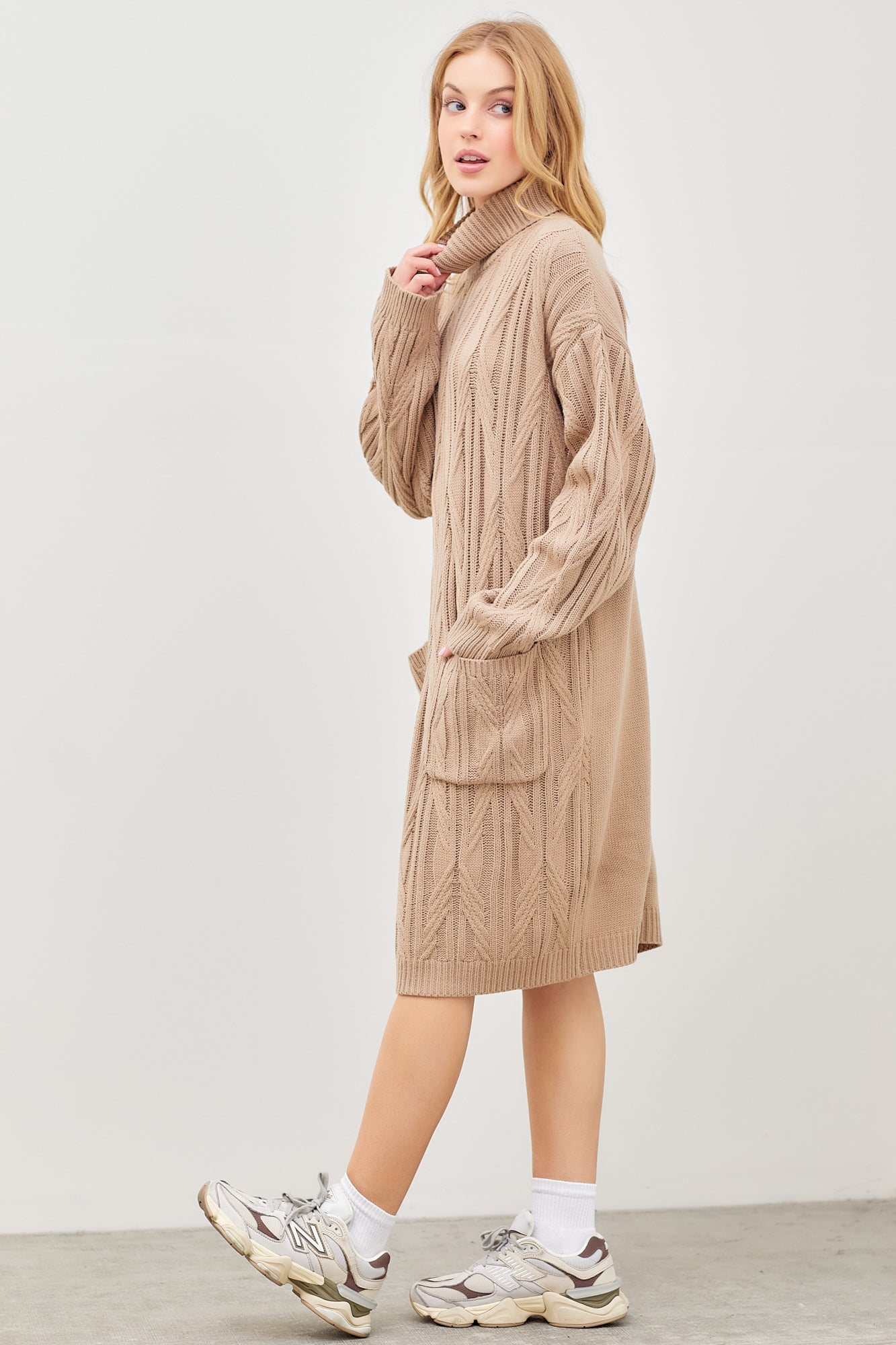 Woven Knit Turtleneck Midi Dress