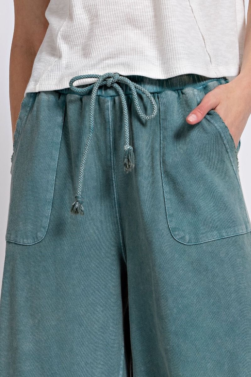 Washed Terry Knit Wide Leg Pants in Teal Green