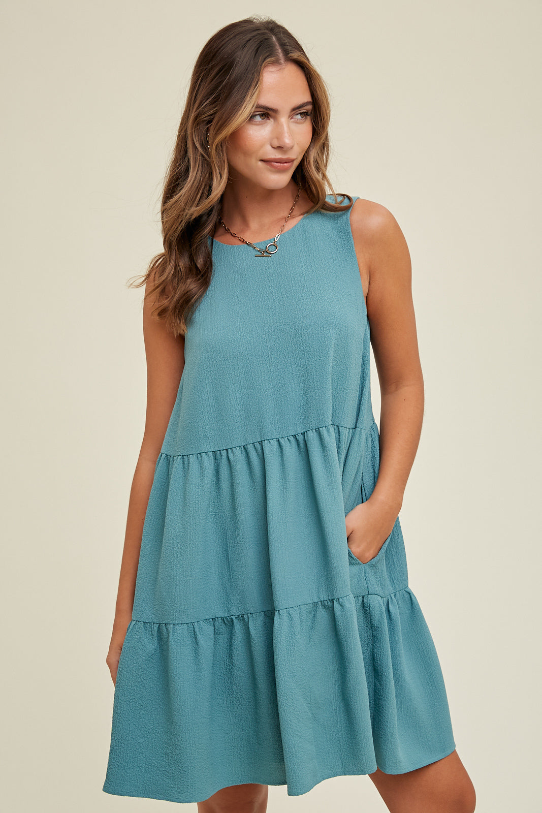 Crinkle Tiered mini dress in Teal