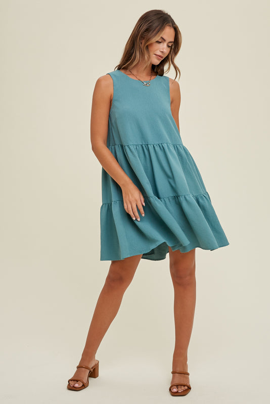 Crinkle Tiered mini dress in Teal