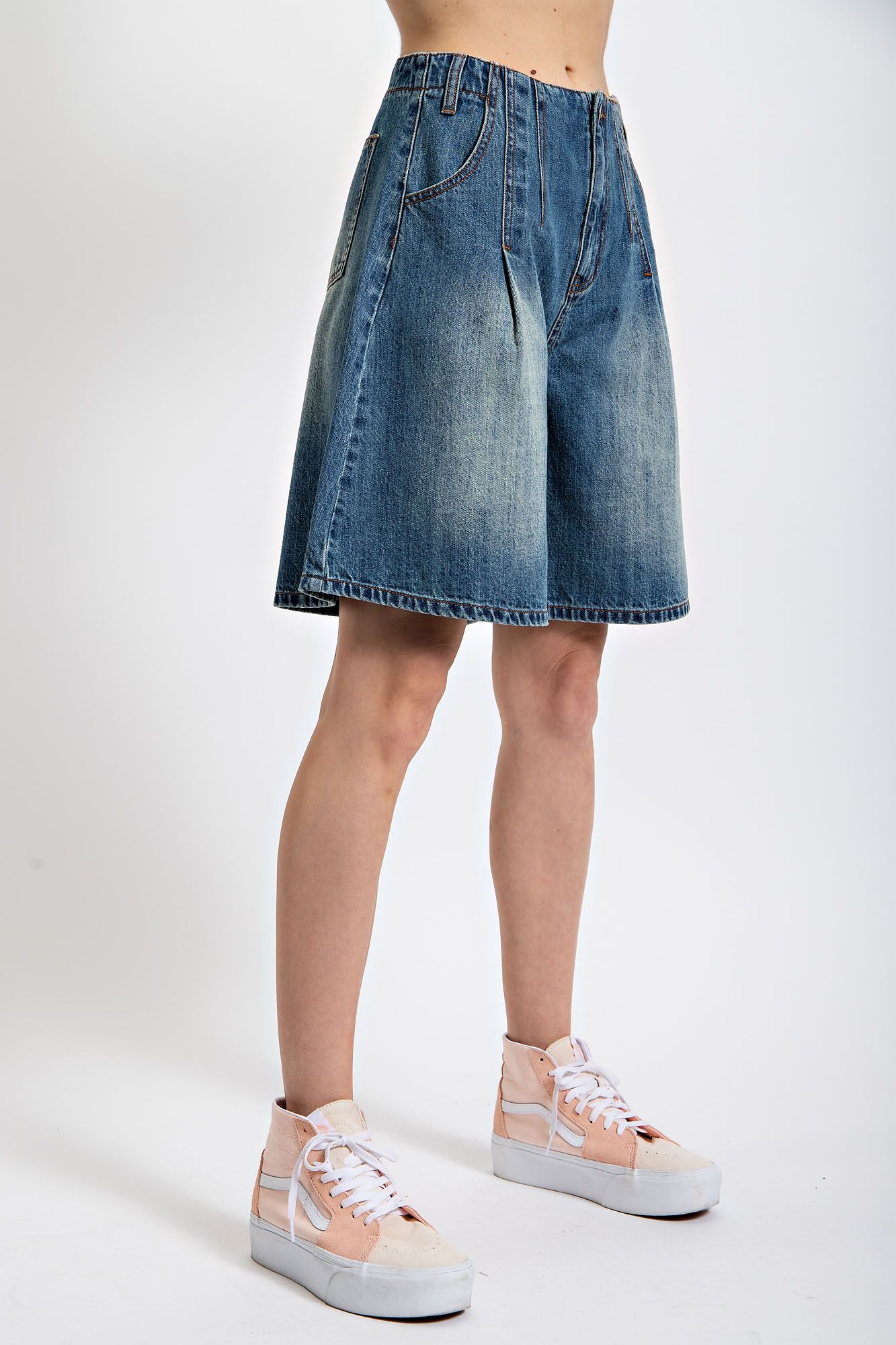 Washed Denim Flare Shorts