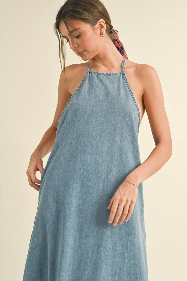 Washed Denim Halter Maxi Dress