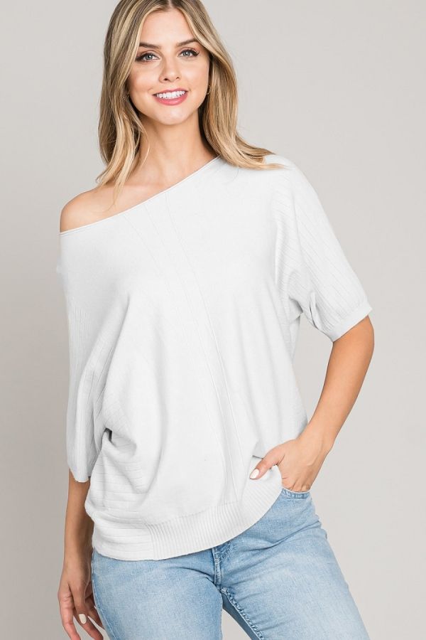 Mixed Textured Dolman Top in Off White