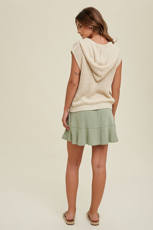 Open Knit Zip Closure Hooded Vest in Natural