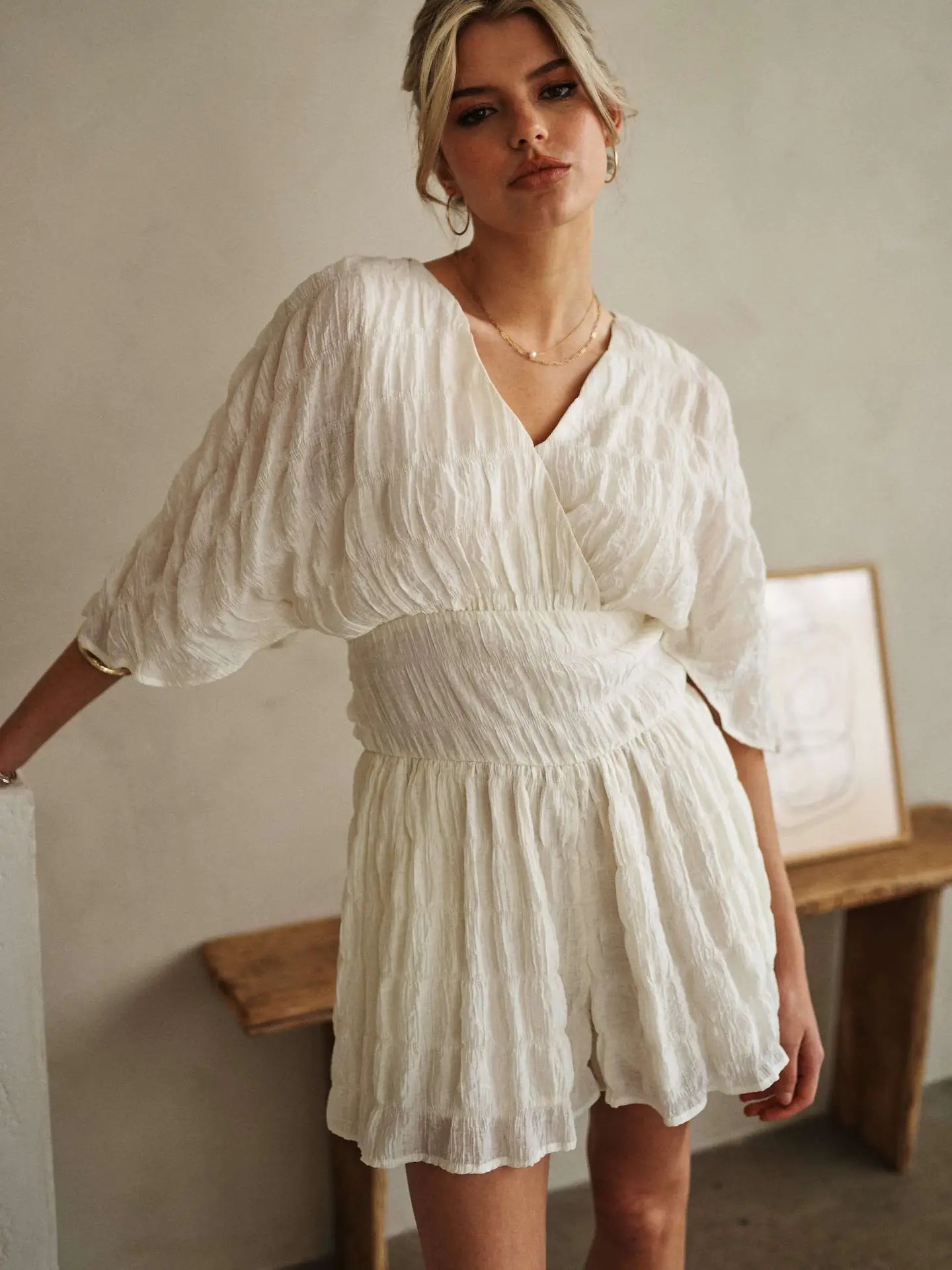 V Neck Romper with Batwing Sleeves in White