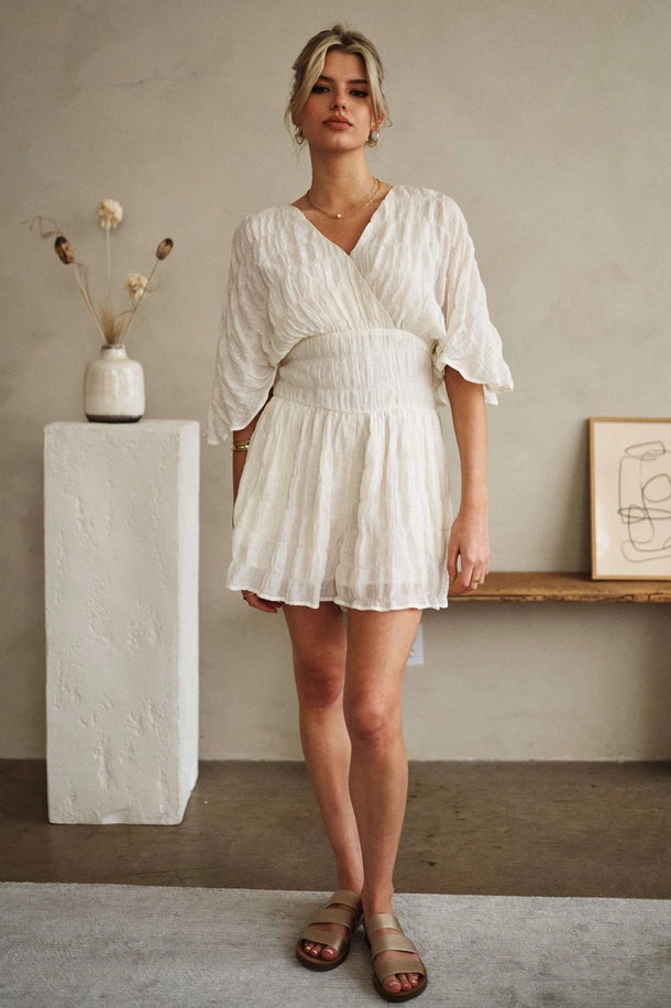 V Neck Romper with Batwing Sleeves in White