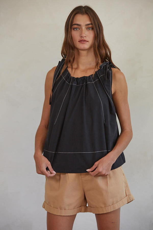 Woven Round Neck Tie Strap Sleeveless Top in Black