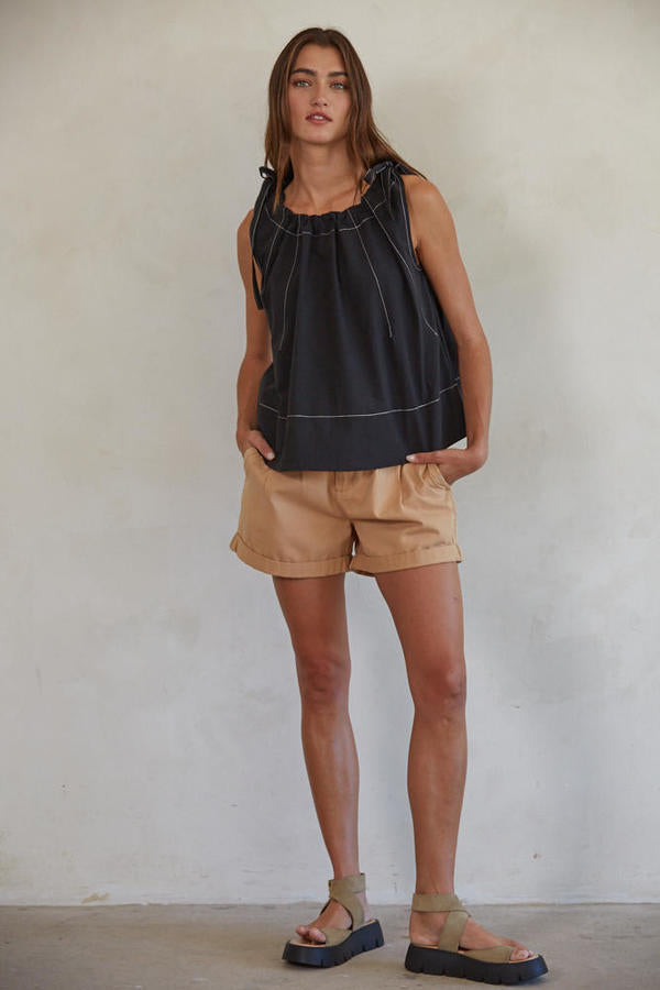 Woven Round Neck Tie Strap Sleeveless Top in Black