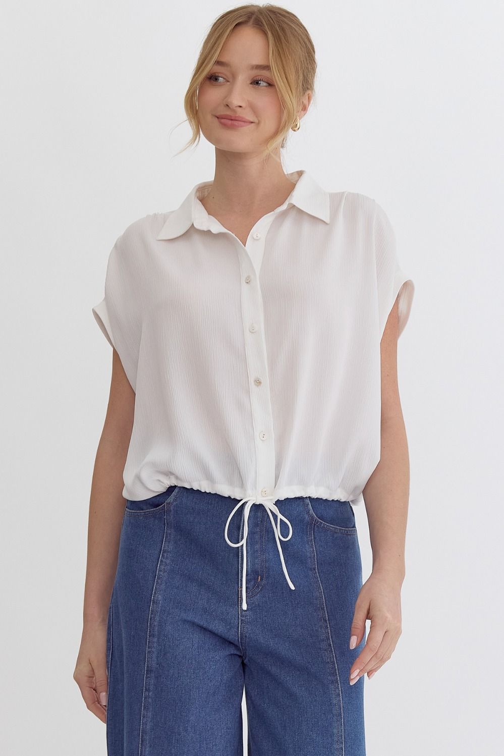 Texture Drawstring Top in White